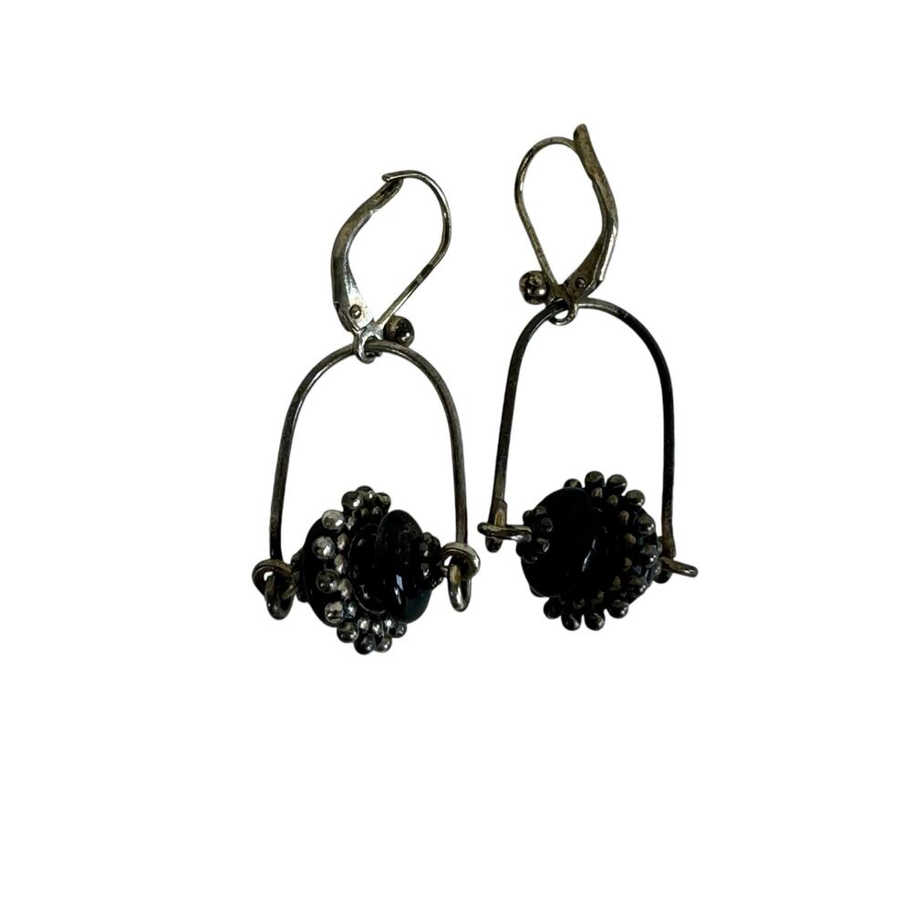 Gold Tone Metal Plated Black Bead Studded Birdcage Dangling French Wire Earrings